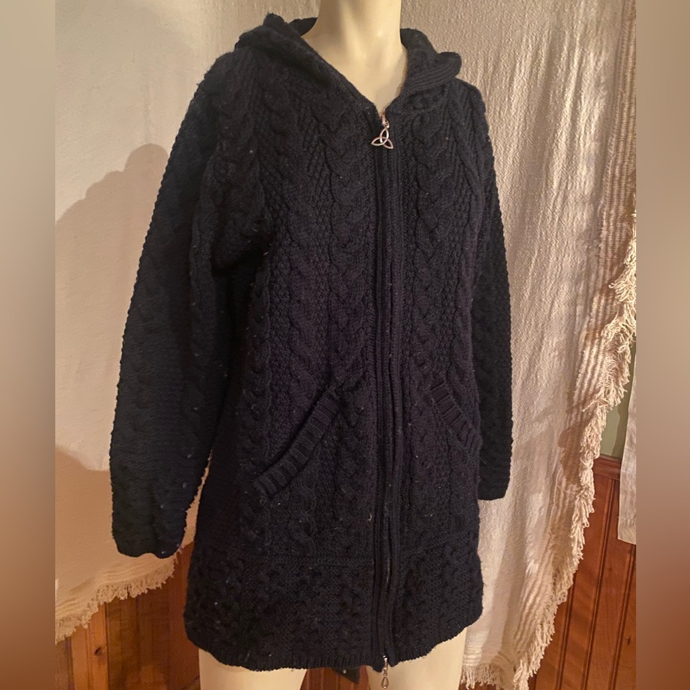 Aran Crafts Navy Blue Cable Knit Hooded Cardigan